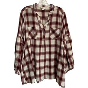 Weekend Susan Betro Womens 3X Burgundy Red White Flannel Tunic 1/4 Button Shirt